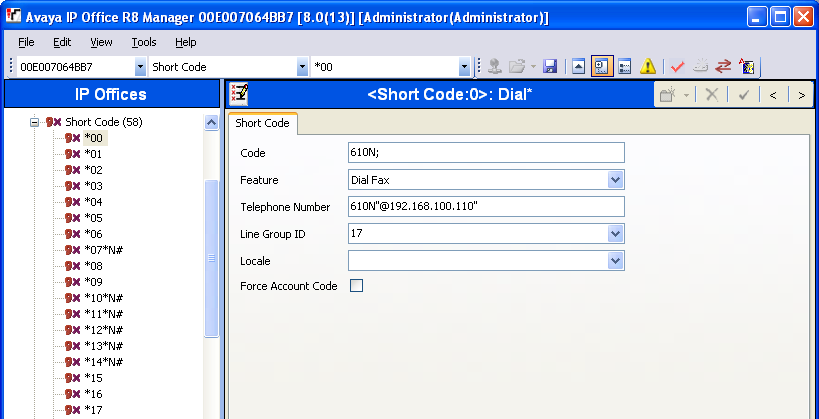 5.6. Administer Short Code From the configuration tree in the left pane, right-click on Short Code and select New from the pop-up list to add a new short code for fax calls to FaxFinder IP.
