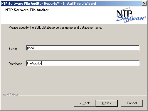 7. In the NTP Software File Auditor dialog box, specify the SQL Server name and