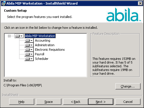 Workstation Install 3. Click Next. Accept the default MIP destination folder (recommended), or use the Change button to navigate to a different location. 4. Click Next. The Custom Setup panel displays, which allows you to select the systems you would like to install.