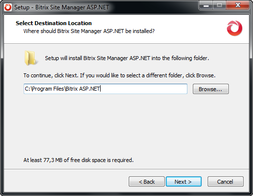 Step 3. Choosing the Installation Folder Fig. 3.3 Destination folder selection Specify the folder to which the Bitrix Site Manager ASP.