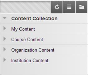 Content Collection Content Areas There are four areas under Content Collection: My Content, Course Content, Institution Content, and Library Content, but you will primarily be using My Content and