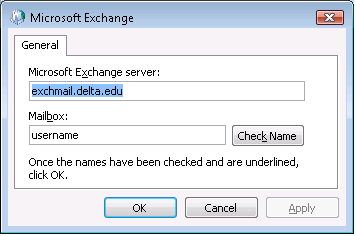 6. Select Microsoft Exchange and click Next. 7. Enter exch07mb1.delta.edu in the Microsoft Exchange server box. Leave the box checked to Use Cached Exchange Mode.