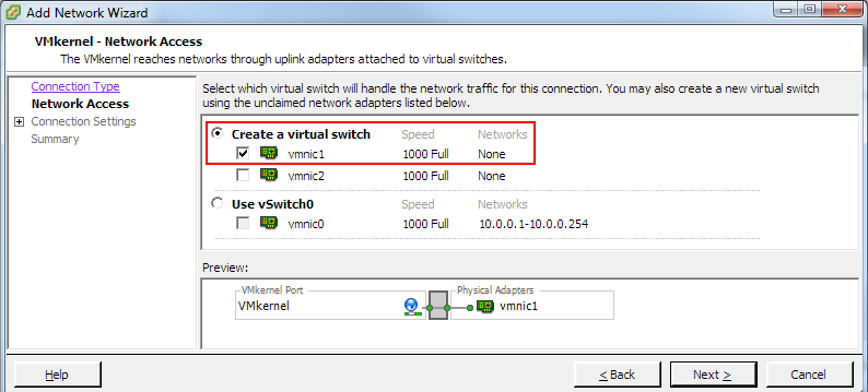 9. Select the "Create a virtual switch" radio button. The new switch will be named vswitch1. 10.