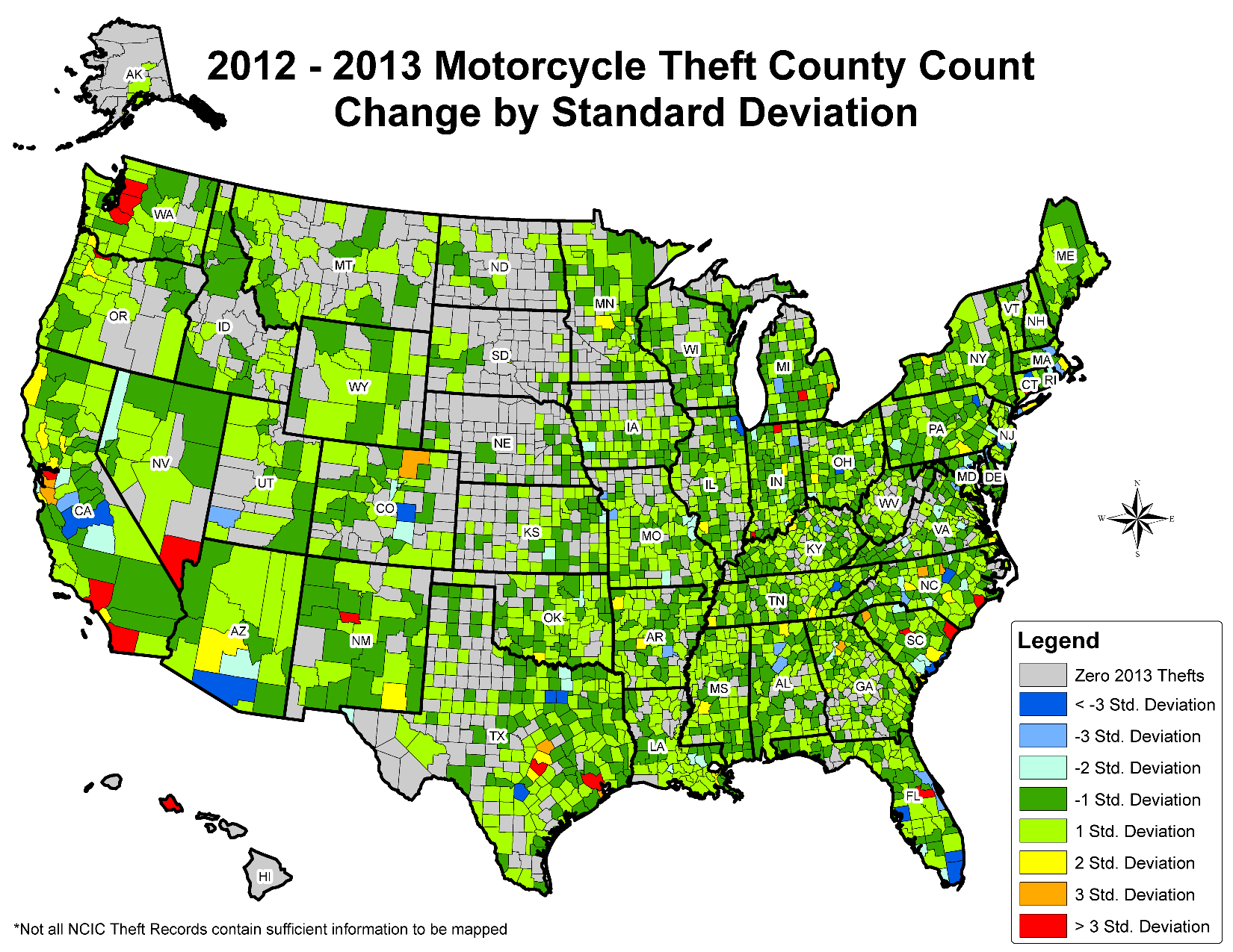 Page 14 of 28 The following map illustrates a total list of counties and their theft count change for 2012-2013 by standard deviation. The U.S.