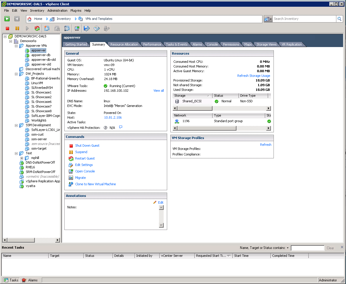 Figure 26. Using traditional vsphere Client to view inventory resources.