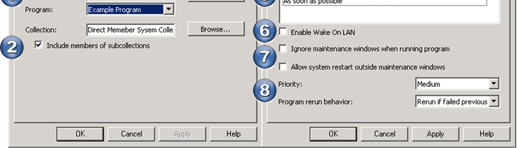 The Advertisement Properties dialog box contains the options that are available when configuring Configuration Manager advertisements.
