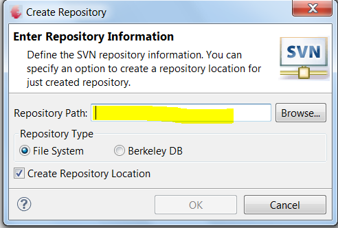 Connect to an Existing repository or Create a new One Step2: Select SVN Repository Location or Create New Repository Existing SVN
