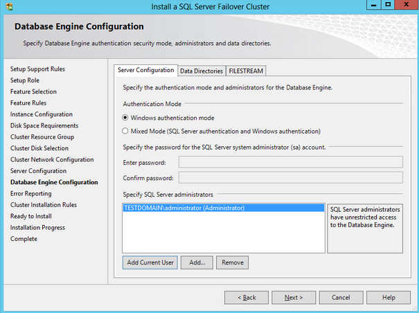 17. In the Database Engine Configuration dialog box, select Windows Authentication Mode in the Server Authentication tab.