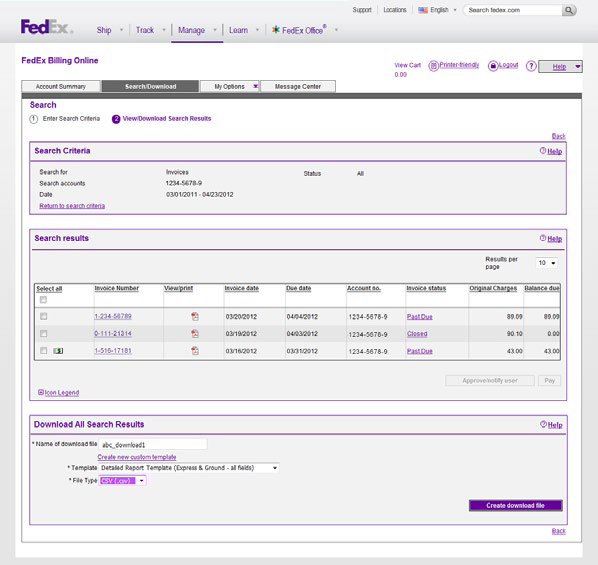 7.3 Search Results Depending on the type of report results, you will have a number of options available. option at the top of the screen in the FedEx Billing Online navigation bar.
