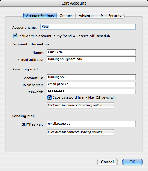 To set Receiving mail options: click Click here for advanced receiving options button click next to This IMAP service requires a secure connection (SSL) verify the override default IMAP port is 993
