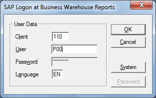 9 Login to BW SAP Logon Highlight Business Warehouse Reports Client: 110 User: P00 +