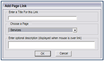 Link to a page Select an object. Click on Insert > Links > Page Link. This opens the Add Page Link dialog. Enter a title for the link. Choose a page from the drop down list.