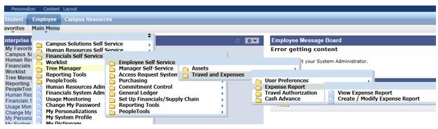 Main Menu > Financials Self Service > Employee Self Service >Travel and Expenses to contain existing View pages and new