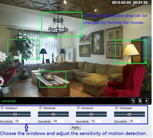you can set up detect window here, tick a window, the corresponding green frame of motion detection window is displayed, you can tick