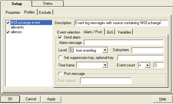 The Setup/Profiles Tab Field Description Alarm/Post Send alarm Alarm message Select this option if you want a Nimsoft alarm message to be sent on recognition of an event log message.
