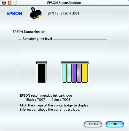 Accessing EPSON StatusMonitor Follow the steps below to access EPSON StatusMonitor. For Mac OS 8.5.1, 8.6 and 9.x users 1. Click Print or Page Setup on the File menu of your application.