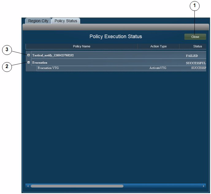 Chapter 3 View Area Figure 3-14 Policy Execution Status Tab 1 Close button Click to exit the Policy Execution Status tab.