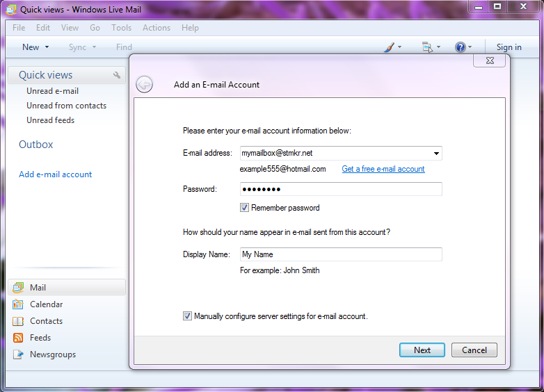 you entered when creating the mailbox (tick 'Remember password') Display Name: enter your name as