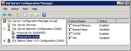 In Configuration Manager, navigate to the Protocols for ILAW which are located in SQL Server Network Configuration (32 bit). The TCP/IP settings should be Enabled.