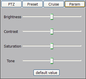 Set the selected channel preview window brightness, contrast, saturation and tone, click default value to make the parameters restore default.
