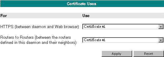 Certificates 163 Certificates This page lets you configure the X.509 certificates that the routing daemon uses to identify itself.