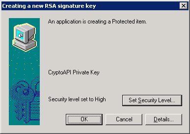 12. Enter the following information on the Creating a new RSA signature key screen and select Finish when completed. a. Enter a unique password in the Password field that will also be used through the Export and Import process.