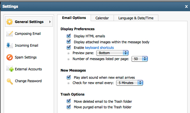 Settings To manage all webmail settings, click the Settings link, located in the upper right corner.