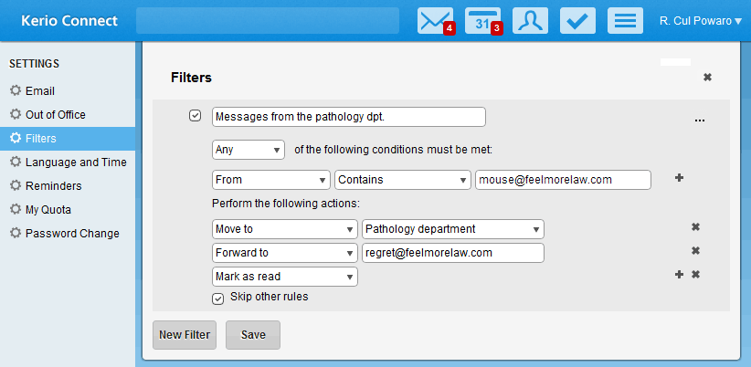 7.4 Creating filters 7. You can edit the Sieve script of the rule by clicking on View Source Edit Source. 8. Save your settings. Kerio Connect 8.4 and older 1.
