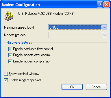 Figure 32: Modem Configuration Screen 3. In the Maximum speed (bps) list, select the speed of the NAE/NIE port to which the computer is connecting.
