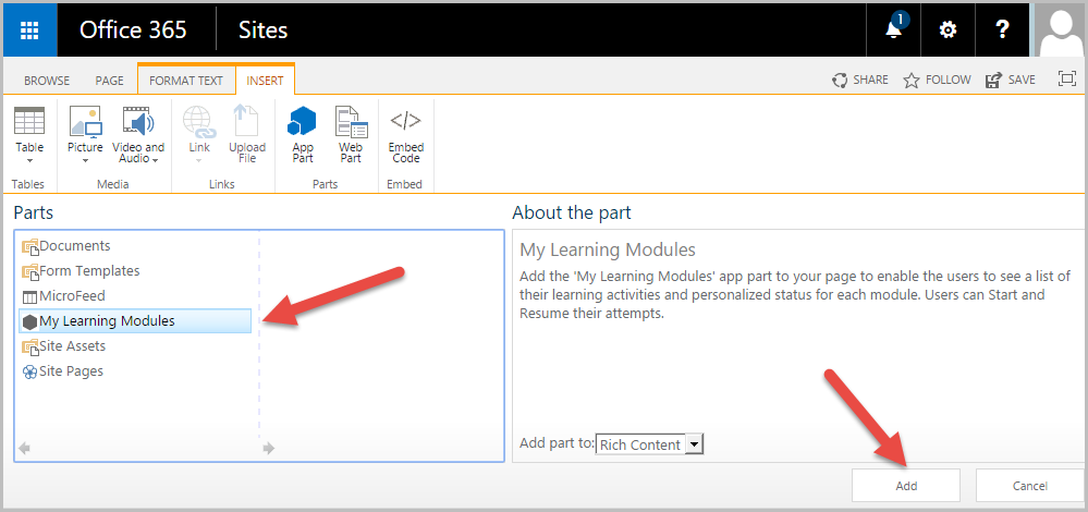 3. Installing the Add-in Part The LMS 365 Learning Module Builder Add-in comes with an Add-in Part.