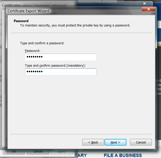 Using Step eight (cont d) Enter and confirm a password for your certificate.