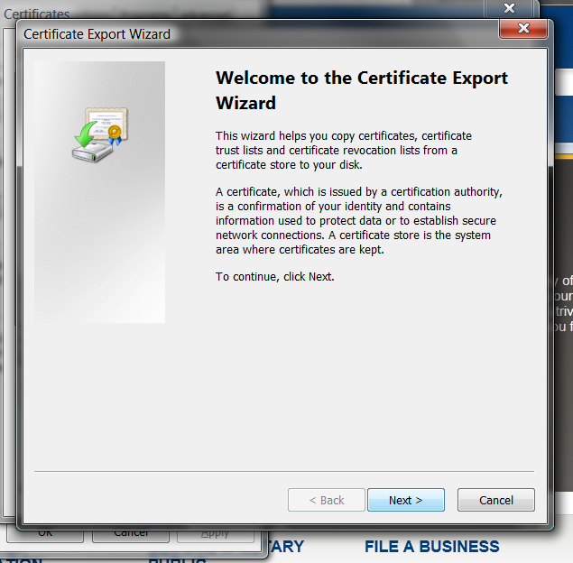 Using Step eight The Certificate Export Wizard will start and walk you through the