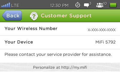 Customer Support The Customer Support page displays your wireless number and device model.