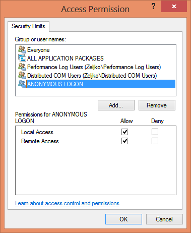 DCOM setup 3. Do the same for Edit Limits option (if the button is not disabled). 4. Repeat the above three steps for Launch and Activation Permissions.