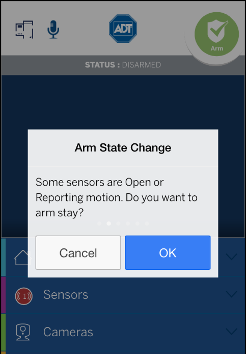 Bypassing Open Sensors When Arming If you attempt to arm the system when a sensor is not in a secure state (such as when a door or window is open), a message informs you of which sensor is open and