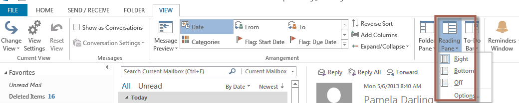 INBOX Reading Pane Messages appear in the Reading Pane which is located (default) in Office 2013 to the right side of the screen.