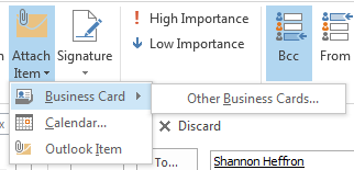 Attach Item: Use the Attach Item selection to attach an email (instead of forwarding) or to attach a contact form your Contacts folder. This is considered a Business Card. Creating a New Message 1.