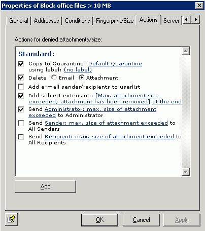 In this example, a copy of the message is placed in Quarantine, the infected attachments are deleted, and the message is delivered without its attachment.