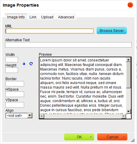 Image popup Browse server popup Link You will get a popup window on which you can enter the image details. The URL field on the image popup defines where the image can be found on the internet.