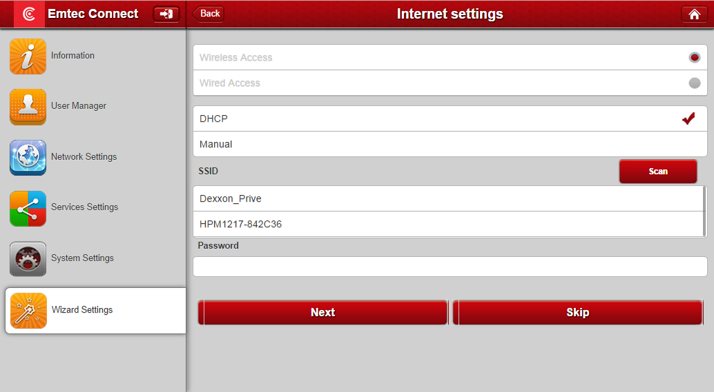 4.6.1. Step 1: Internet settings There are two available Internet Access options: - Wireless Access, connecting the Wi-Fi HDD to another wireless device to have the internet access.