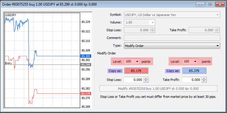 From the modify order screen you can manually type in the desired stop loss or take profit, use the up and down arrows or use the levels feature.