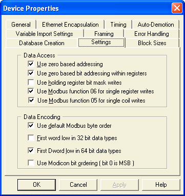 3. Add a new device (MODBUS serial) and set the following properties: 3.