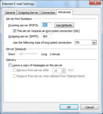 9. Select the fourth tab titled Advanced and tick the This server requires an encrypted connection (SSL) checkbox. This automatically changes the incoming server port number from 110 to 995.