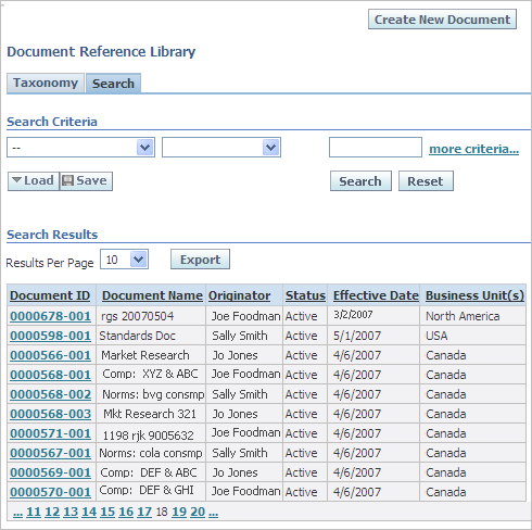 Chapter 2 Using Document Reference Library Figure 2-7: Returned search results Click here to display the document Browsing Using the Taxonomy Tab Use the Taxonomy tab to browse the catalogs that you