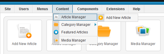 Notice that you can access the Article Manager and the Menu Manager from the large icons on this screen.