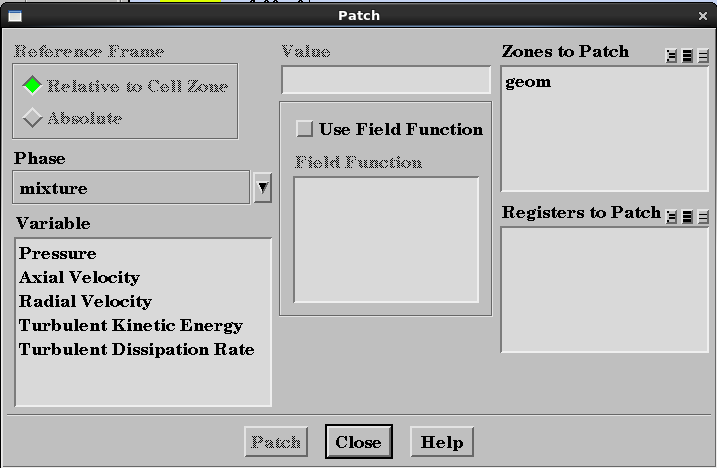 formation. 2.10. Solution Calculation Activities The patching window This pane allows the capture of solution animations and case/data files at regular time step intervals.