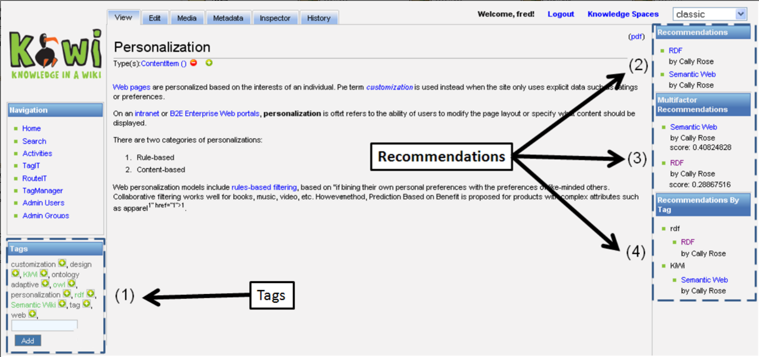 4 Frederico Durao and Peter Dolog Fig. 1. Recommendations in KiWi then the choice is easy, and the user keeps interacting with the system by visiting the related pages or adding new content.