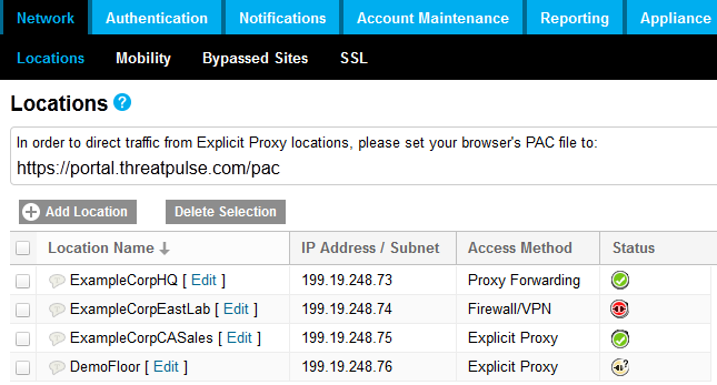 Proxy Fowarding Access Method Verify Service Connectivity to Locations After configuring access to the Blue CoatWeb Security Service, verify that the service is receiving and processing content
