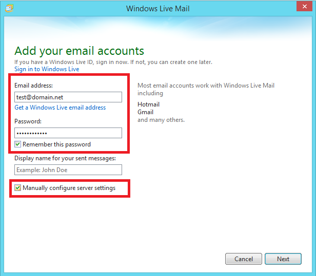 2. Enter your email address and the correct password. Put a check on Manually configure settings and click Next.