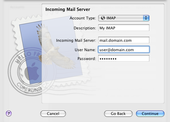 4. Enter or select the correct Incoming Mail Server Details and click Continue. Select IMAP for the account type.
